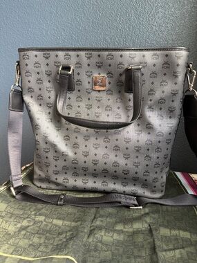 MCM Grey Monogram Tote with Silver Plaque